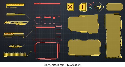 GUI Futuristic User Interface. Creative set futuristic frame, virtual Hi-tech display, screen, element. Callouts titles in HUD style. Futuristic callout bar labels, information call box bars. Vector