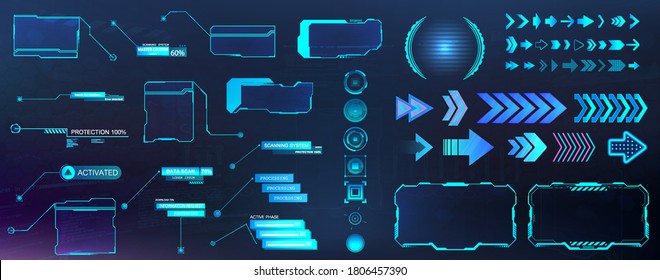 Conjunto de elementos futuristas GUI, HUD, UI. Chamadas, botões, rótulos de barras futuristas, barras de caixa de chamada de informações, setas neon, tela de quadro. Elementos de usuário futuristas. Conjunto colorido do vetor HUD