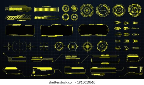 GUI, HUD, UI futuristic elements set. Sci Fi  Holographic hud user interface elements, high tech bars and frames. Isolated arrows, pointers, loading, circles, sight, callout bar labels. Vector 