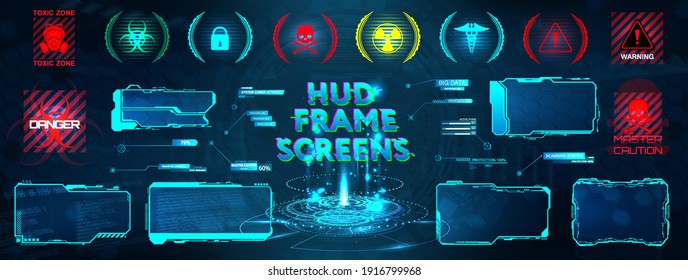 GUI, HUD, UI futuristic frame screen, Callouts titles and Hologram digital info bars. UI Callout bar labels box. Info template Futuristic User Interface. Vector Sci-fi border frame GUI. Screens HUD