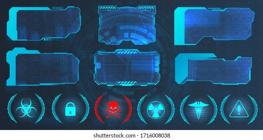 GUI, HUD, UI hi-tech frame screens and small callouts for icons. Good for video games sky-fi concept. Info frame box in futuristic style. Virtual elements design. Callouts titles. Vector illustration