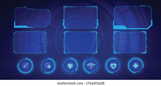 GUI, HUD, UI Hi-tech Frame Screens And Small Callouts For Icons Health Care Pattern Medical Innovation Concept Background Design.