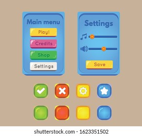 GUI MAIN Menu and Settings menu for games Buttons with icons and templates.
