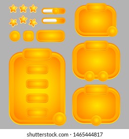 GUI pack for games and applications, including menu windows and options, buttons, achievement stars and other interface elements for design.