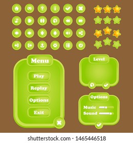 
GUI pack for games and applications, including menu windows and options, buttons with icons and other interface elements for design.