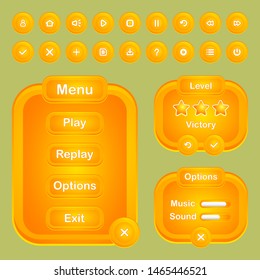 
GUI pack for games and applications, including menu windows and options, buttons with icons and other interface elements for design.