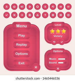 
GUI pack for games and applications, including menu windows and options, buttons with icons and other interface elements for design.