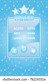 Gui popup menu for game failed and button bule set. 2d asset for user interface GUI in mobile application or casual video game. Vector for web or game design. Decorative GUI elements, Cartoon colorful