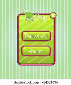 Gui popup shop game ,button green border red jelly ,glossy with text and rectangle. 2d asset for user interface GUI in mobile application or casual video game. Vector for web or game design.