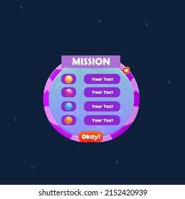 GUI Round Pop Up Window Mission In Sea Style In Blue And Purple Colors Cute Cartoon Vector Design