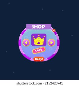 GUI Round Pop Up Window Shop Crown Price In Sea Style In Blue And Purple Colors Cute Cartoon Vector Design