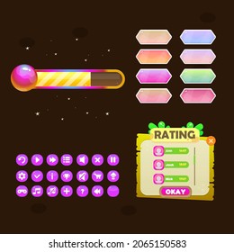 GUI Set Bar Buttons And Pop Up Window In Colorful Cute Cartoon Style Vector Design