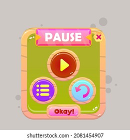 GUI Set Pause Pop Up Window Natural Wooden Green Pink Cute Cartoon Colorful Vector Design