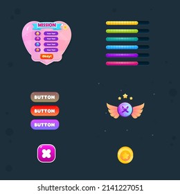 GUI Set Pop Up Pink Heart Window Purple Buttons Bars Icon Badge Wings Coin Cute Colorful Cartoon Vector Design