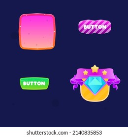 GUI Set Pop Up Pink Window Purple Button And Green Button Icon Badge Diamond Ribbon Cute Colorful Cartoon Vector Design