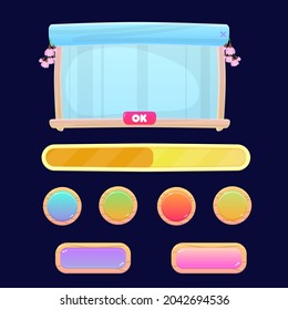 GUI Set Pop Up Window In China Spring Sakura Wooden Buttons Bar Cute Cartoon Colorful Vector Design
