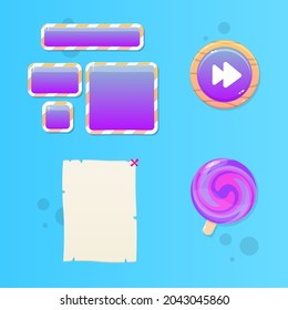 GUI Set Pop Up Window Glass And Wooden  Buttons Old Paper Lollipop  Cute Cartoon Colorful Vector Design