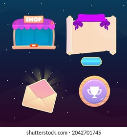 GUI Set Pop Up Windows Shop Scroll Umschlagknötchen Bar violett Beige orange Holzleder Cute Cartoon Farbiges Vektordesign