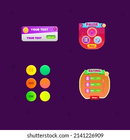 GUI Set Of Round Buttons , And Different Pop Up Windows In Purple , Red , And Orange Colors Cute Colorful Juicy Cartoon Vector Design