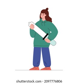 Gui or UI designer female character with huge pipette. Website and mobile app interface screens development, flat vector illustration isolated on white background.