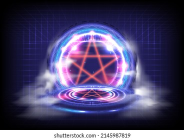 GUI and UI virtual reality. Portal and hologram science futuristic. Sci-fi digital hi-tech in glowing HUD projector. Magic gate in game fantasy. Circle teleport podium with fog on ground