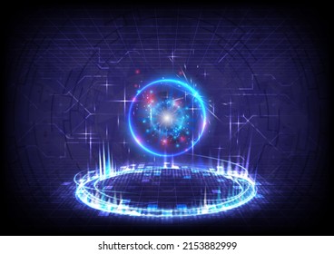 GUI and UI virtual reality. Portal and hologram science futuristic. Sci-fi digital hi-tech stage in glowing HUD projector. Magic gate in game fantasy. Circle teleport podium. Cyber stage for showing