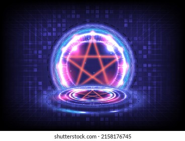 GUI and UI virtual reality. Portal and hologram science futuristic. Sci-fi digital hi-tech in glowing HUD projector. Magic stargate in game fantasy. Circle teleport podium. Showing display interface