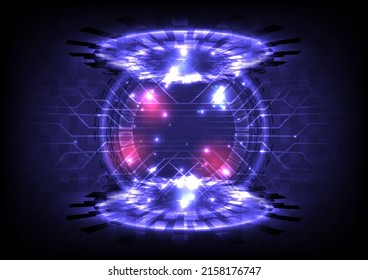 Realidad virtual GUI y UI. La ciencia del portal y el holograma es futurista. Tecnología de alta tecnología digital Sci-fi en el brillante proyector HUD. Neon luminoso cósmico. La puerta mágica universal en la fantasía del juego. Podio del círculo de Teleport