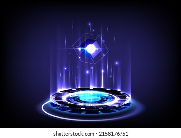 GUI and UI virtual reality. Portal and hologram science futuristic. Sci-fi digital hi-tech stage in glowing HUD projector. Magic gate in game fantasy. Circle teleport podium. Aura stage showing