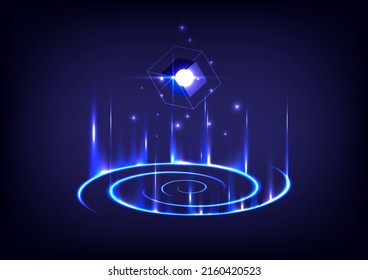 GUI and UI virtual reality. Portal and hologram science futuristic. Sci-fi digital hi-tech stage in glowing HUD projector. Magic gate in game fantasy. Circle teleport podium. Aura swirl stage showing - Shutterstock ID 2160420523