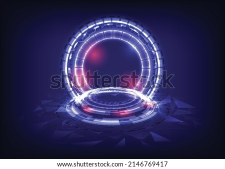 GUI and UI virtual reality. Portal and hologram science futuristic. Sci-fi digital hi-tech in glowing HUD projector. Magic gate in game fantasy. Circle teleport podium. Vector illustrator