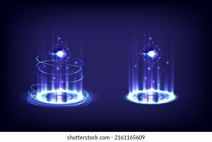 GUI and UI virtual reality. Ray stage for showing. Portal and hologram science futuristic. Hi-tech stage in glowing HUD projector. Magic gate in game fantasy. Circle teleport podium. Showing product