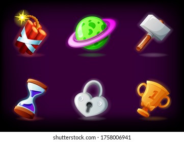 Iconos de videojuegos de interfaz gráfica de usuario establecidos en un fondo oscuro. Colección de ilustraciones vectoriales de aplicaciones de juegos móviles en estilo de dibujos animados.