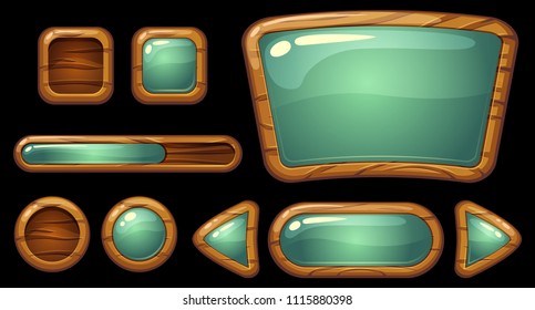 GUI wooden buttons with glossy effects. Game  elements