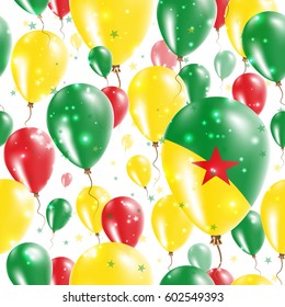 Guiana Independence Day Seamless Pattern. Flying Rubber Balloons in Colors of the Guiana Flag. Happy Guiana Day Patriotic Card with Balloons, Stars and Sparkles.