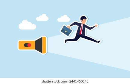 Guidance in business direction, career path solutions, mentorship, managerial support to find the way, concept of Confident businessman running ahead under torch light