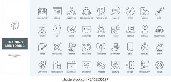 Guidance, coach workshop to help and teach students improve potential skills thin black and red outline symbols, vector illustration. Training, mentor and business expert advices line icons set