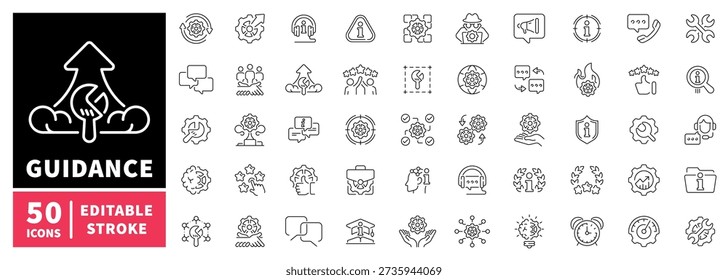 Guidance editable line icons set. linear style with direction and advice symbols