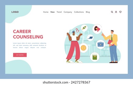 Guidance for future careers. Confused student choosing jobs and workplaces. Career counseling session with counselor providing guidance on various professional pathways. Flat vector illustration