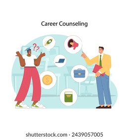 Guidance for future careers. Confused student choosing jobs and workplaces. Career counseling session with counselor providing guidance on various professional pathways. Flat vector illustration