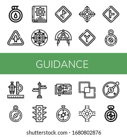 guidance icon set. Collection of Compass, Intersection, Manual book, Crossroads, Direction, Junction, Signpost, Traffic light, Guide, Intersect icons