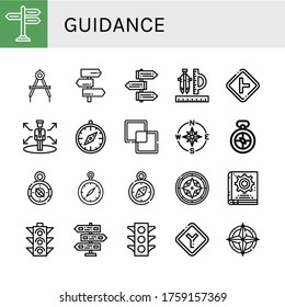 Guidance Icon Set. Collection Of Signpost, Compass, Intersection, Decision, Intersect, Manual Book, Traffic Light, Junction Icons