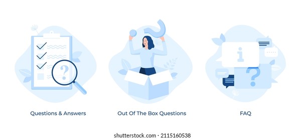 Guidance and Q and A collection - list with checkmarks, woman holding question mark and coming out of box, interrogation point and information symbol. Modern flat vector illustrations for banner.