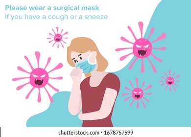 Orientación para enfermos con el Concepto de Gripe con mujeres que tosan con máscara de higiene para prevenir la propagación de la gripe. Ilustración vectorial
