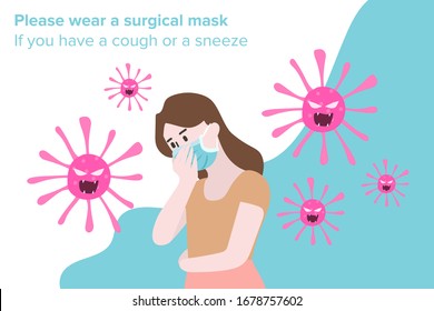 Guidance for sick people with the flu Concept with woman who coughing wearing hygiene mask for preventing the spread of flu. Vector Illustration