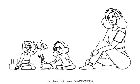 guidance supervising kids vector. discipline education, monitoring support, communication boundaries guidance supervising kids character. people black line pencil drawing illustration