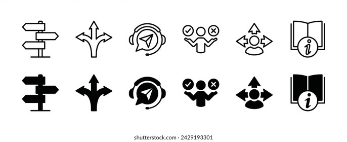 Guidance thin line icon set. Containing traffic direction board, three way arrow, guide service and support, information book, and option. Vector illustration