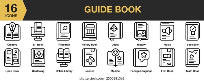 Guide Book icon set. Includes best seller, creative, history book, music, math book, and More. Outline icons vector collection.