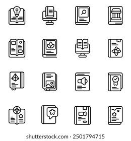 Guide Book icon set. Includes best seller, creative, history book, music, math book, and More. Outline icons vector collection.