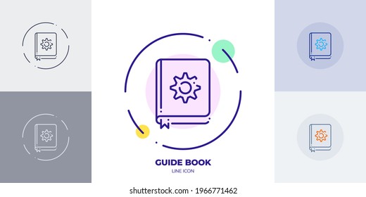 Guide book line art vector icon. Outline symbol of user manual. Book with gear on cover made of thin stroke. Isolated on background.